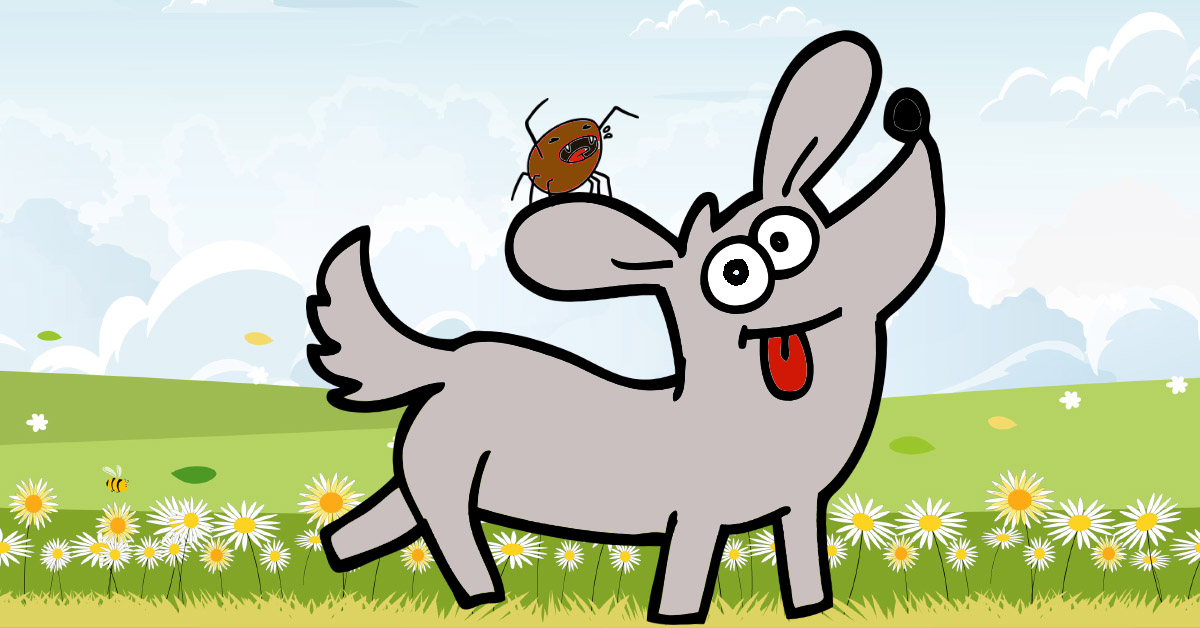 Cartoon dog and tick taking a walk.
